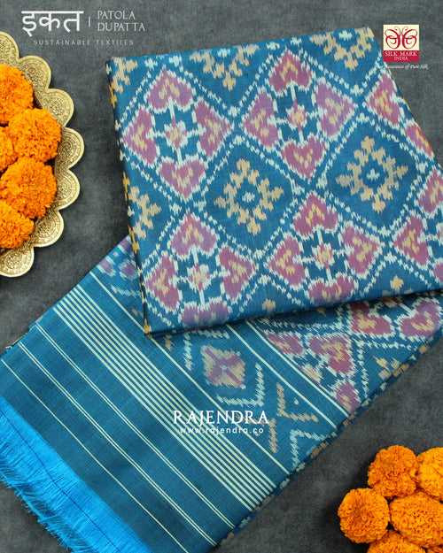 Traditional Panchanda Bhat Rama Blue Single Ikat Rajkot Patola Dupatta