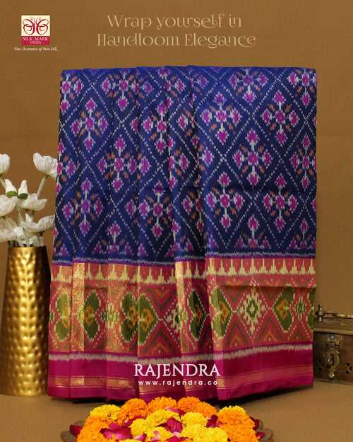 Traditional Panchanda Bhat Pink and Blue Single Ikkat Rajkot Patola Saree