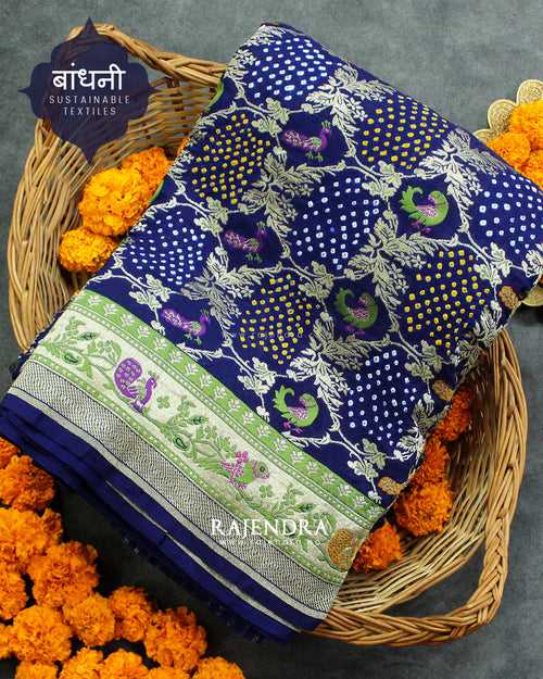 Exclusive Peacock and Parrot Pure Khadi Georgette Banarasi Bandhani Saree