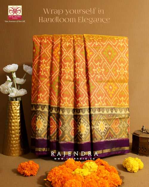 Traditional Panchanda Bhat Purple and Mustard Single Ikat Rajkot Patola Saree