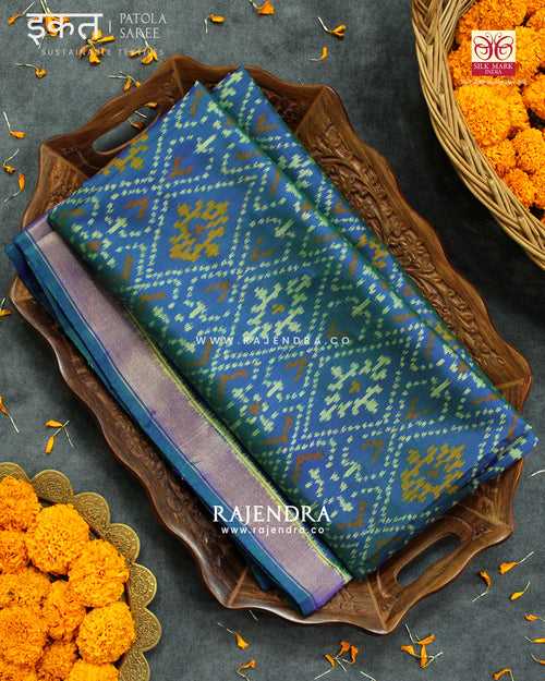 Traditional Panchanda Bhat Blue Single Ikat Rajkot Patola Saree