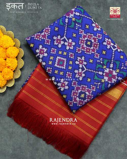 Traditional Navratna Red and Blue Semi Double Ikat Rajkot Patola Dupatta