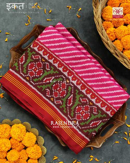 Exclusive Laheriya Design Red and Pink Semi Double Ikat Rajkot Patola Saree