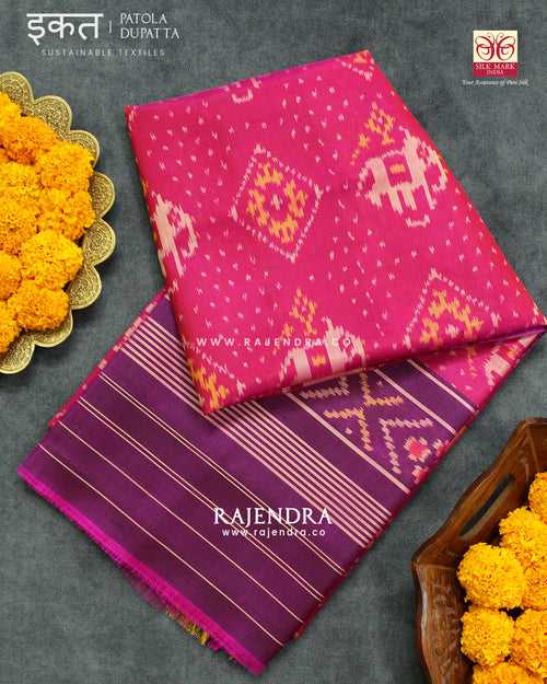 Exclusive Hathi Chanda Magenta Pink Single Ikat Rajkot Patola Dupatta