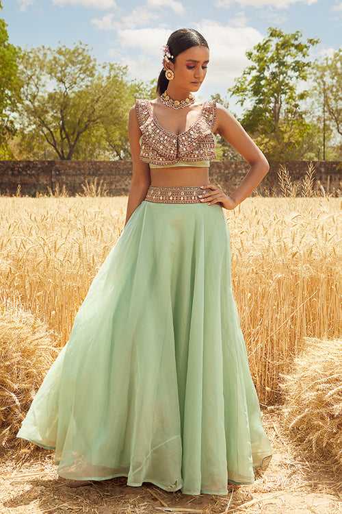 AQUA EMBROIDERED LEHENGA SET