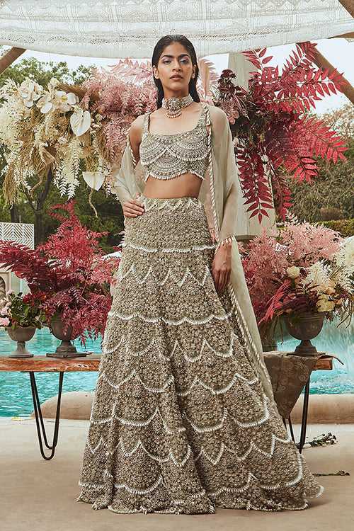 SAGE GREEN DROP PEARL EMBELLISHED LEHENGA SET