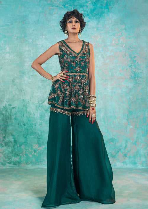 TEAL GREEN EMBROIDERED PEPLUM SET