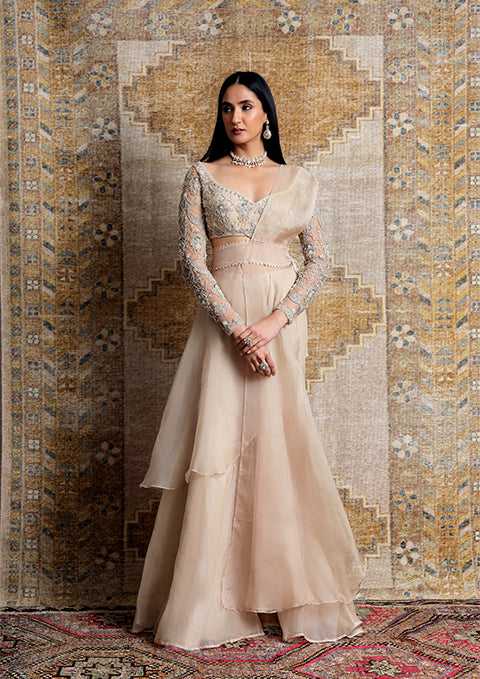 BEIGE TONAL EMBROIDERED SHARARA SET