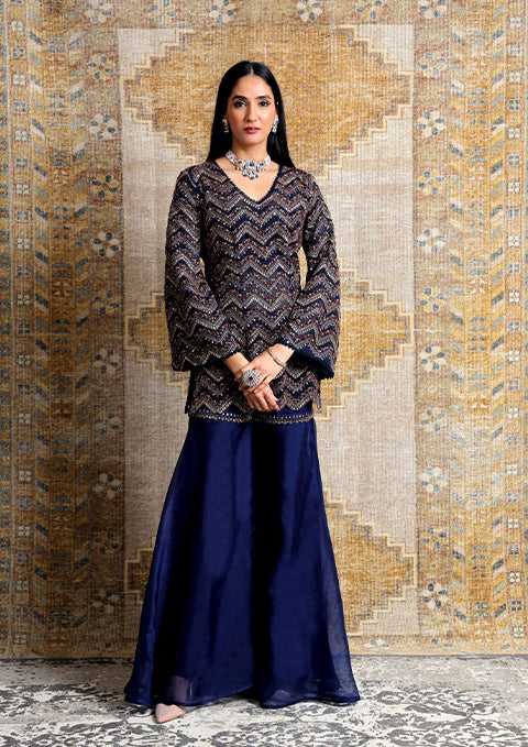 NAVY BLUE EMBROIDERED ORGANZA KURTA SET