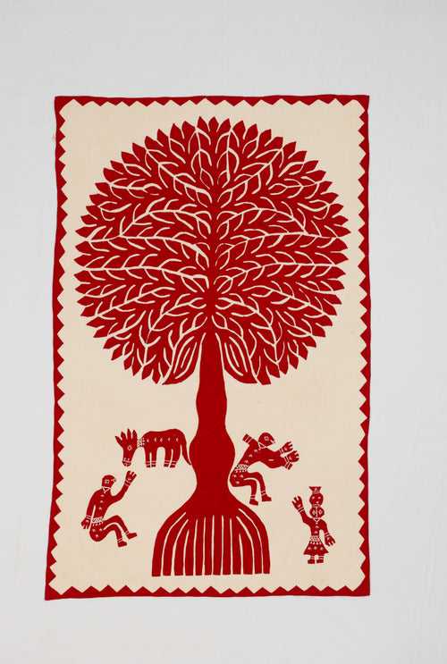 Red Tree of Life Barmer Applique Cotton Wall Hanging (32"x52")