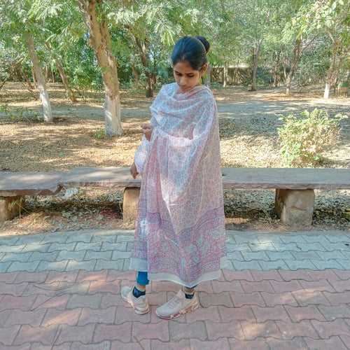 Pink & White Handblock Printed Cotton dupatta