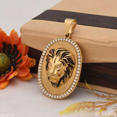 Embossed Lion Face Pendant in Oval Shape with Diamonds - Style A393