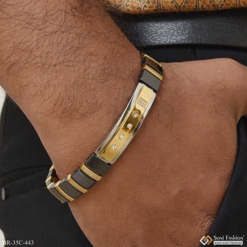 Black & Gold with Diamond Best Quality Durable Design Bracelet for Men - Style C443