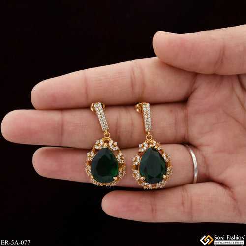 Green Stone with Diamond New Style Gold Plated Earrings for Lady - Style A077