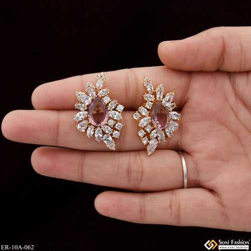 Light Pink Stone with Diamond Designer Gold Plated Earrings for Lady - Style A062