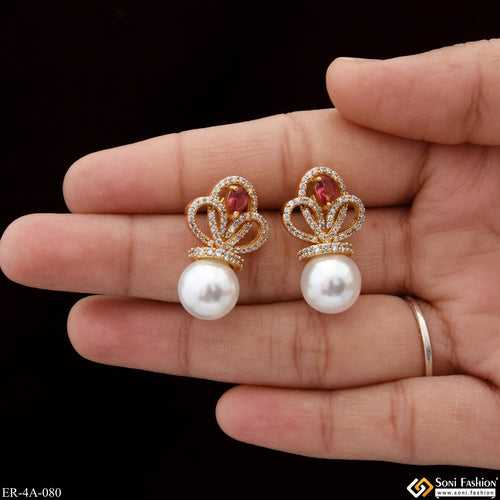 Pink Stone With White Bead Funky Design Gold Plated Earrings for Lady - Style A080