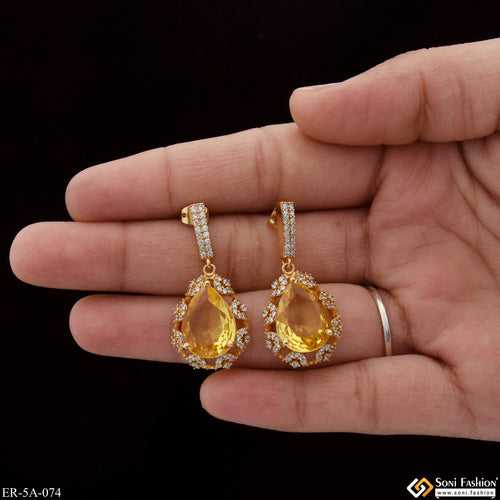 Yellow Stone with Diamond Fashionable Gold Plated Earrings for Lady - Style A074