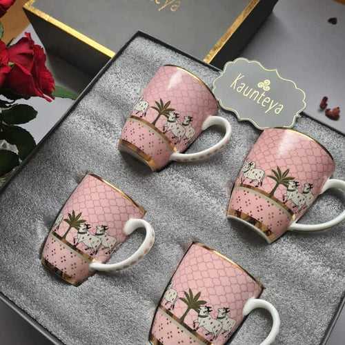 Gift Set- Pichwai Set Of 4 Pink Coffee Mugs
