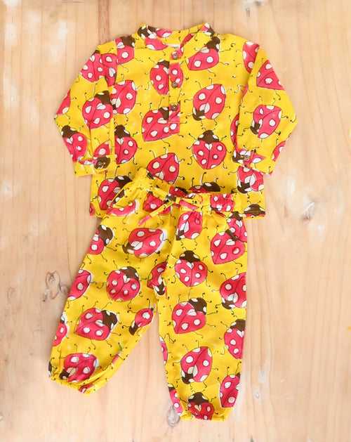 LoveBug Yellow Cotton Kurta Pyjama Set for Kids