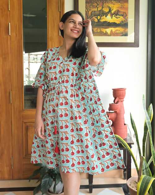 Mint Cherries Hand Block Printed Cotton Midi Kaftan