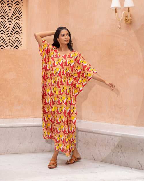 Toucan Hand Block Printed Cotton Kaftan - Full Length