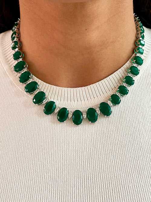 Oval Emerald Studded Diamond Statement Choker Set (Earrings & Necklace)