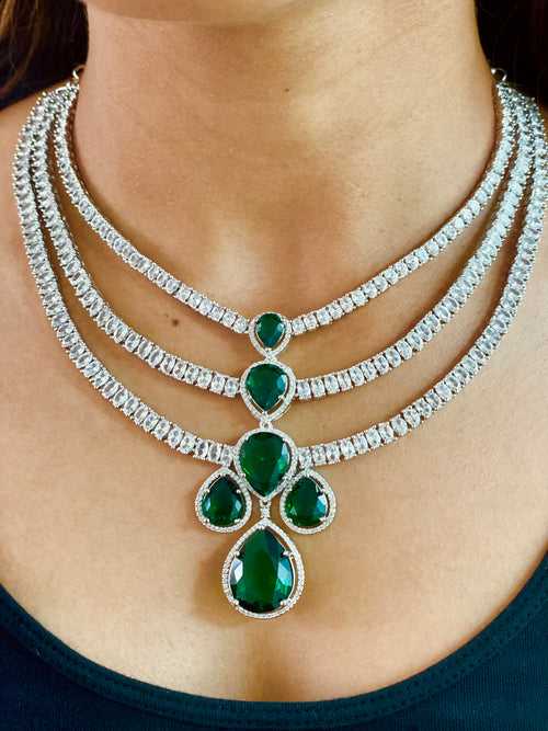 Center Piece Emerald with Diamond Setting Statement Necklace Set (Earrings & Necklace)