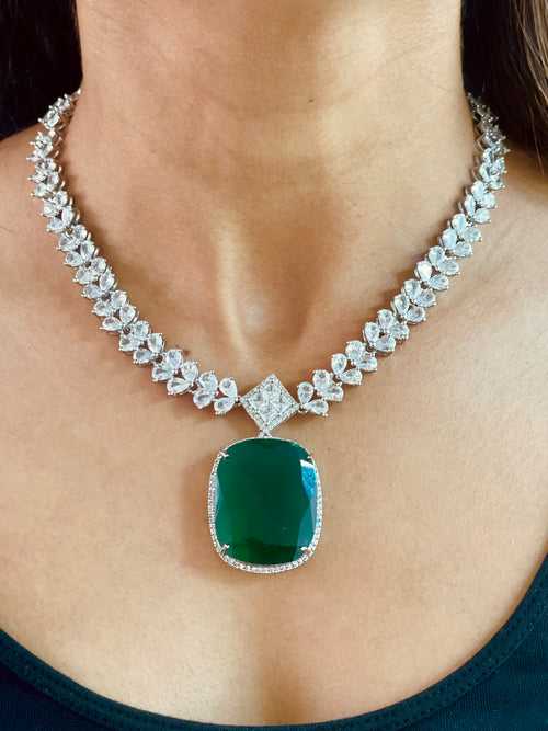Oval Emerald with Diamond Setting Pendant Set (Earrings & Necklace)