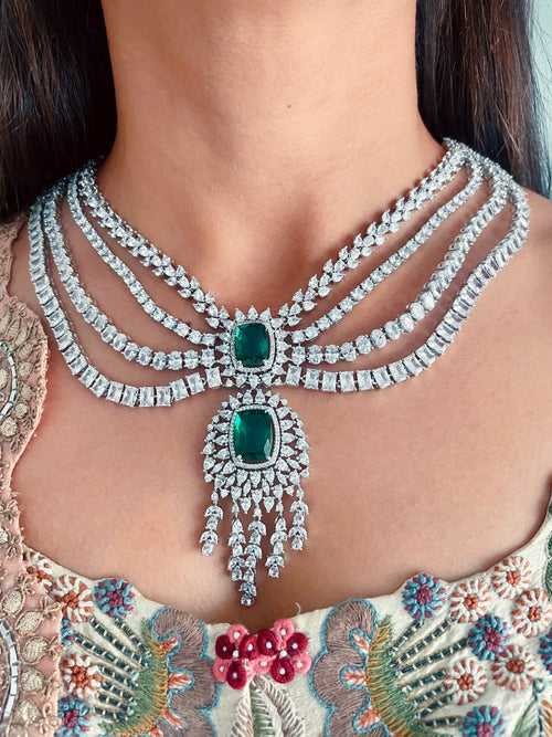 Three Layer with Emerald & Diamond Center Necklace Set (Earrings & Necklace)