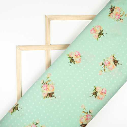 Pastel Green And Red Floral Pattern Digital Print Jacquard Booti Japan Satin Fabric (Width 58 Inches)