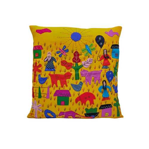 Village Scene Appliqued Cushion Cover In Yellow