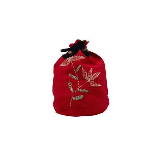 Red With Black Drawstring Embroidery Batua