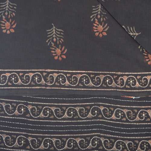Deep Brown Cotton Printed Embroidered Saree