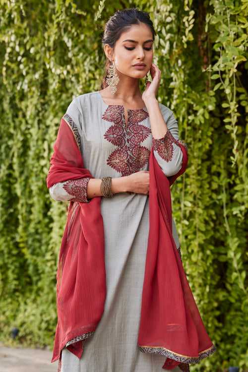 Solid Red Chiffon Dupatta With Gota Patti