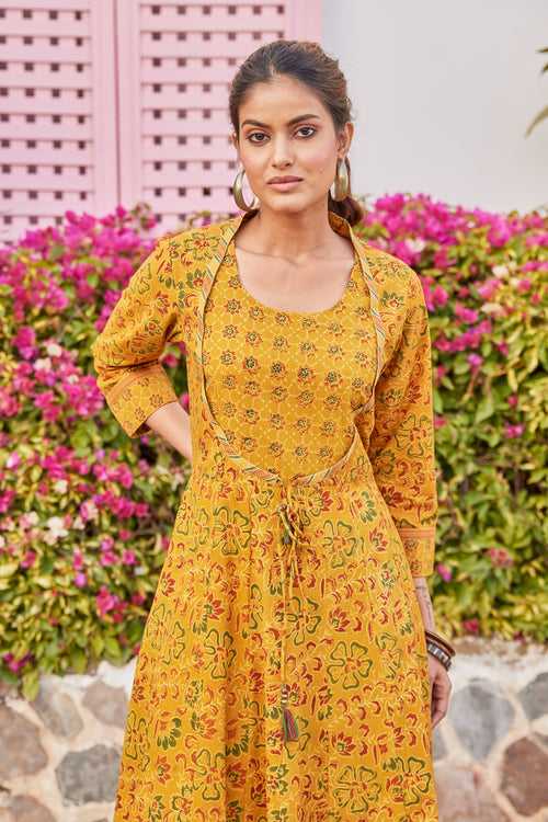 Mustard Ajrakh Print Maxi Anarkali