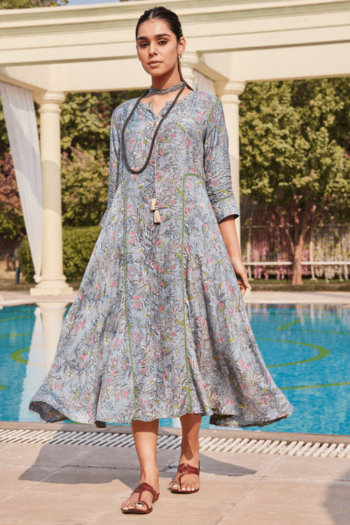 Indo-Western Floral Handblock Print Asymmetrical Dress