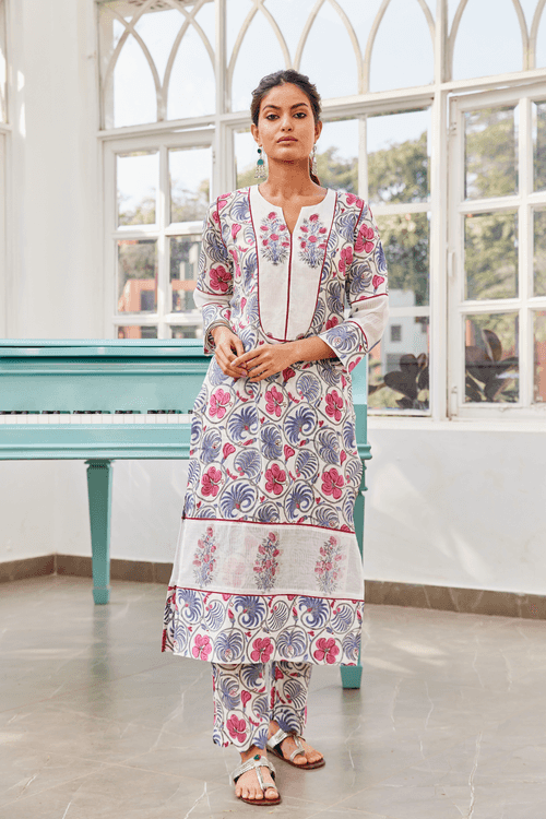 Butidar Hand Block Print Long Straight Kurta