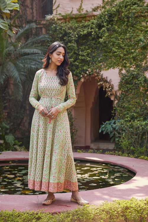 Hand Blocked Anarkali Dress With Dori & Churidaar Sleeves