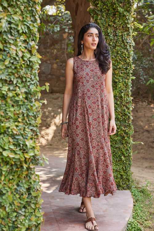 Ajrakh Hand Block Printed Sleeveless Ruffled Maroon Dress