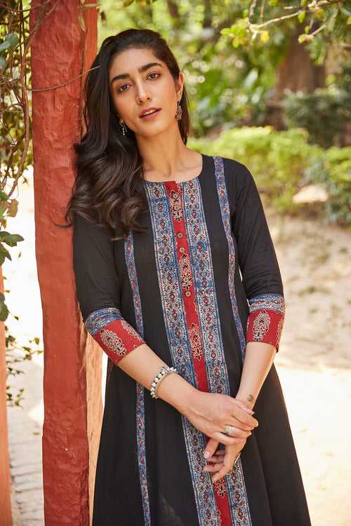 Multi Panel Ajrakh Print A-Line Kurta Dress With Pockets