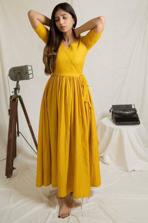 Yellow Flared Cotton Ethnic Dress