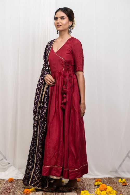 Maroon Silk Dupatta Set