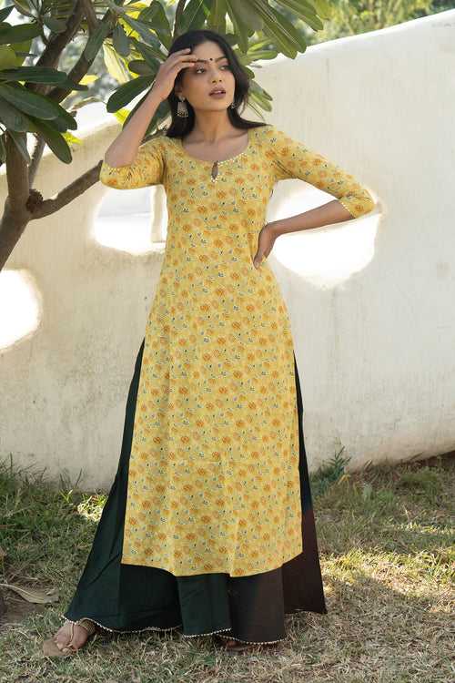 Yellow BlockPrinted Kurta Set