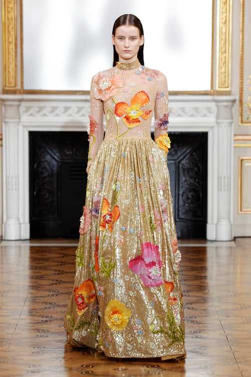 3D Hand Embroidered Gold Poppies Gathered Gown