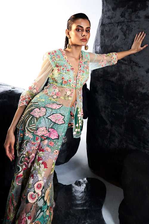 Verdure Hand Embroidered Sheer Jacket Set