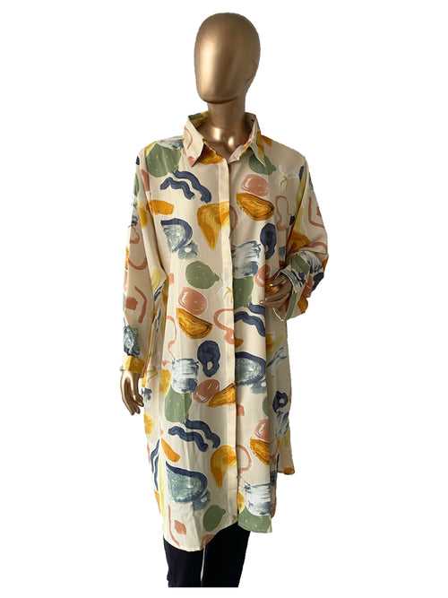 Women Western Printed Shirt Style Long Top - Mustard