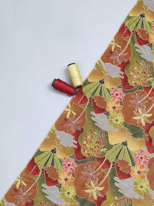 Olive Green & Orange Floral Zari Work Fabric