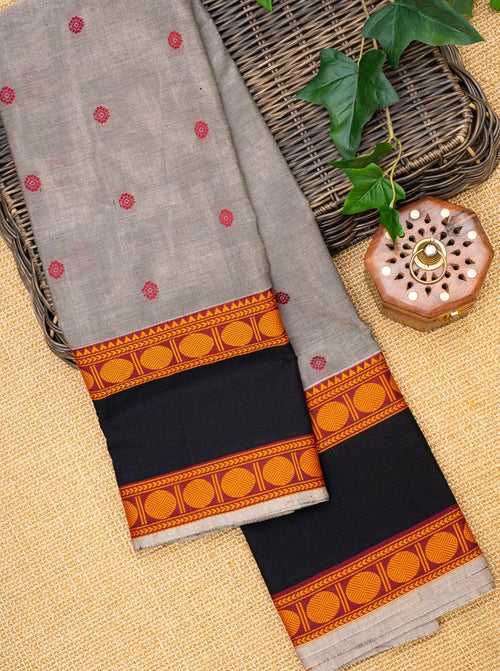 Grey and Black Pure Kanchi Cotton Saree