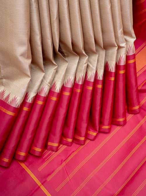 Beige Self Stripes Without Zari Pure Kanchipuram Silk Saree