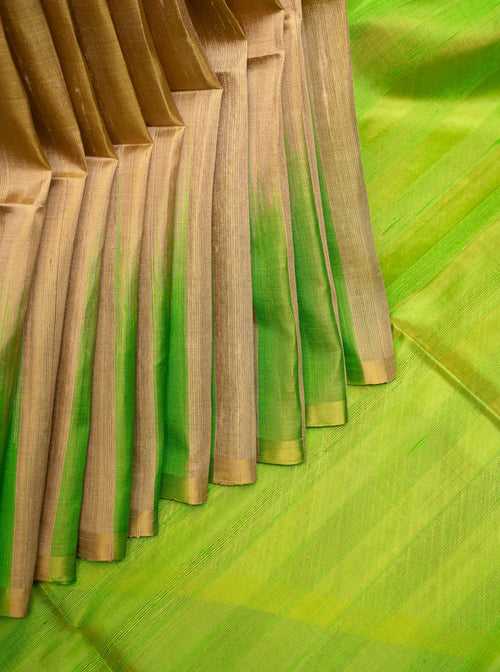 Beige and Parrot Green Dupian Pure Silk Saree